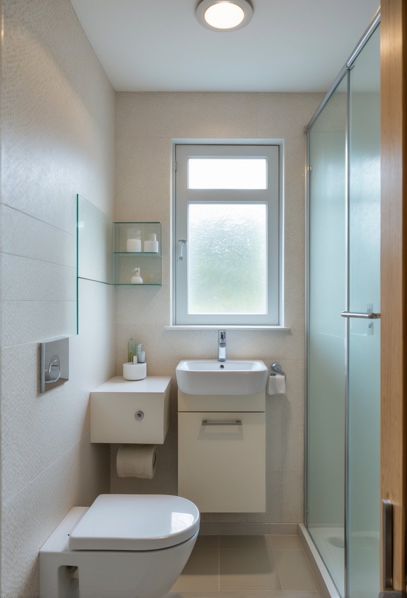 A small bathroom with subtle patterned wallpaper, a floating vanity, wall-mounted mirror, glass shower, and natural light coming through a window.