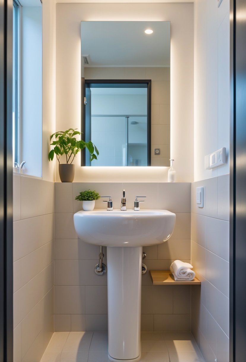 A small bathroom with a white pedestal sink, a mirror above it, and a small plant on a shelf.