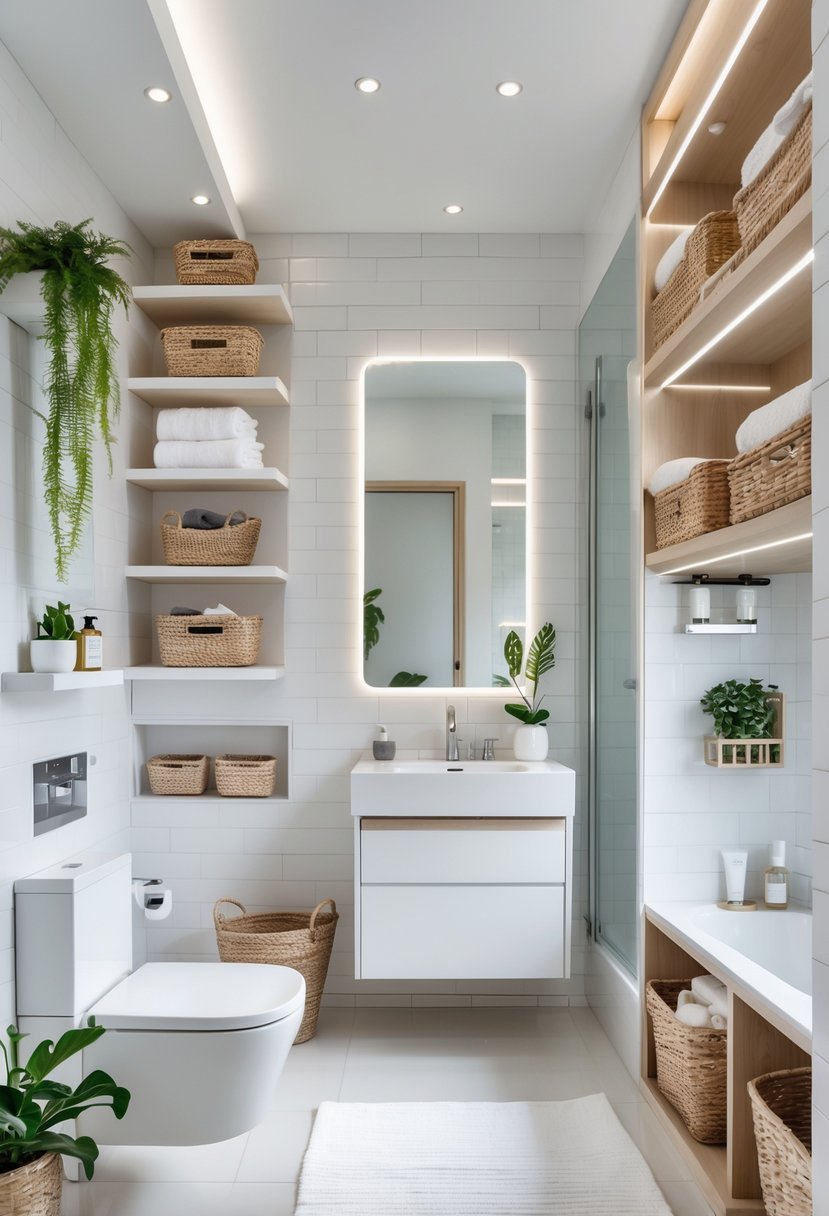 A modern bathroom with various storage solutions including shelves, cabinets, baskets, and built-in niches holding towels and toiletries.