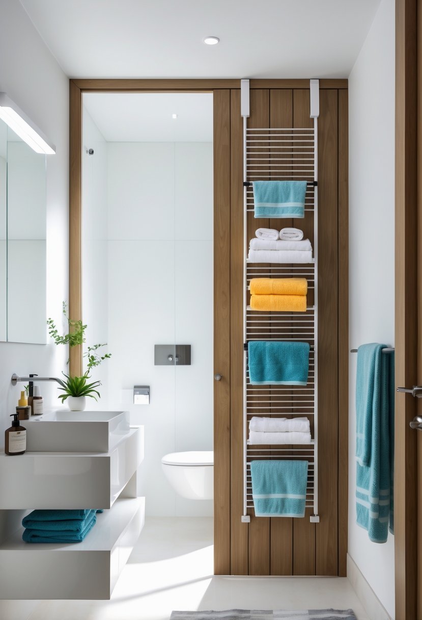 A bathroom door with multiple towel racks holding towels, next to a sink and mirror, showcasing vertical storage solutions.