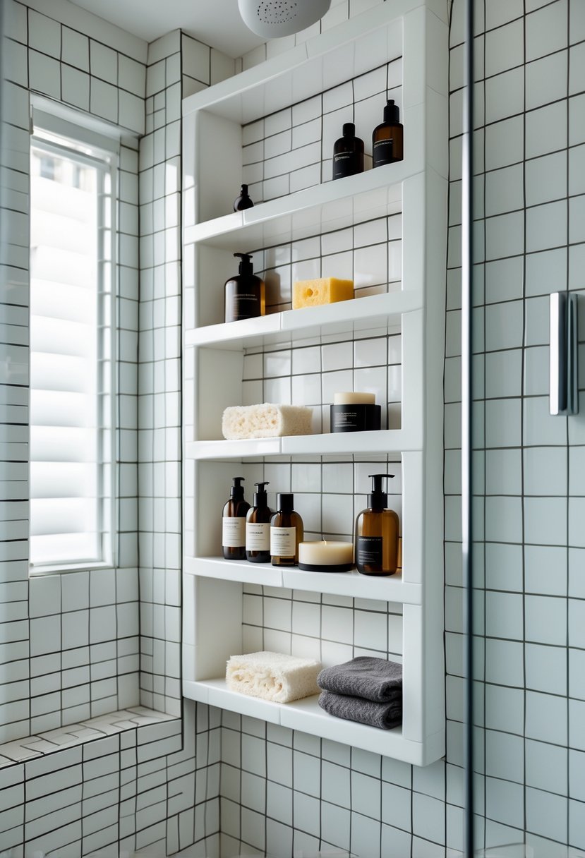 A bathroom shower with built-in recessed shelves holding toiletries like shampoo bottles and soap.