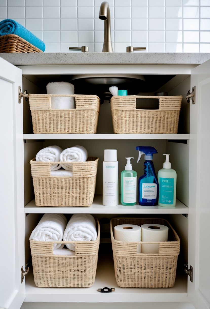 Organized bathroom cabinet under the sink with stackable storage baskets holding towels, bottles, and cleaning supplies.