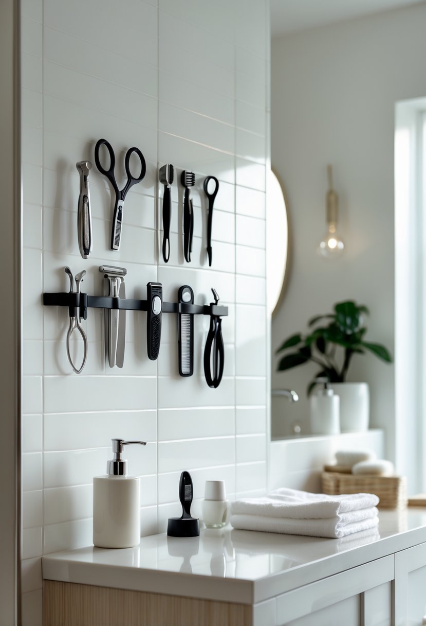 A bathroom wall with a magnetic strip holding metal grooming tools above a clean countertop with bathroom accessories.