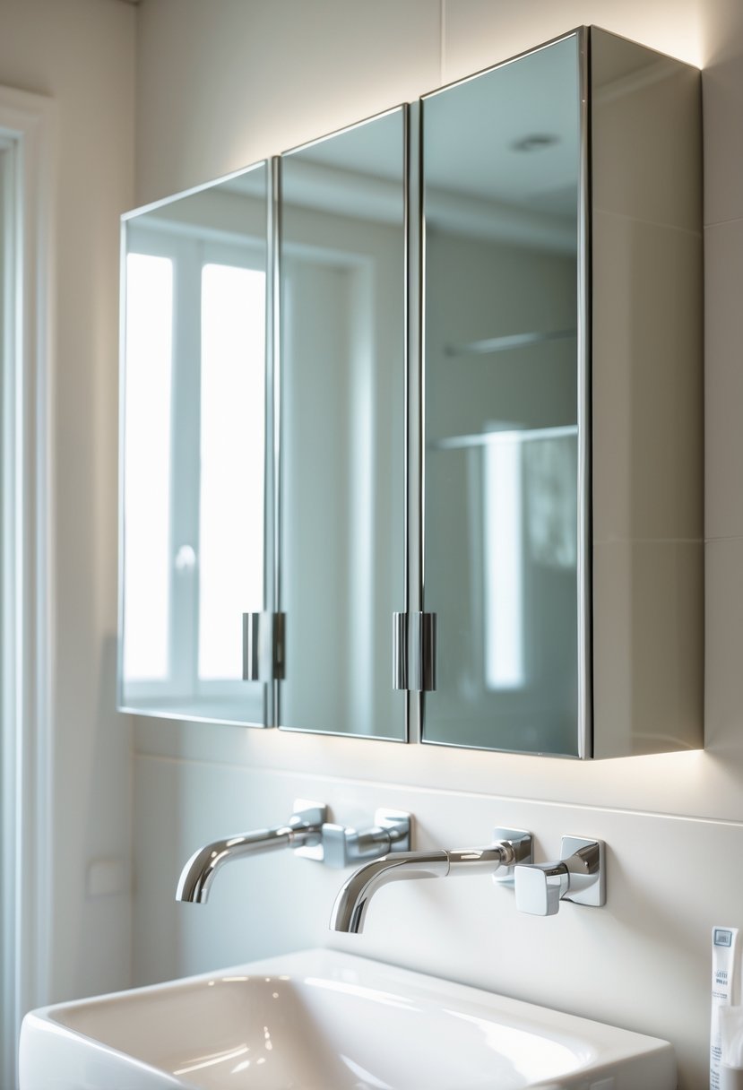 A bathroom with wall-mounted medicine cabinets that have mirrored fronts above a sink.