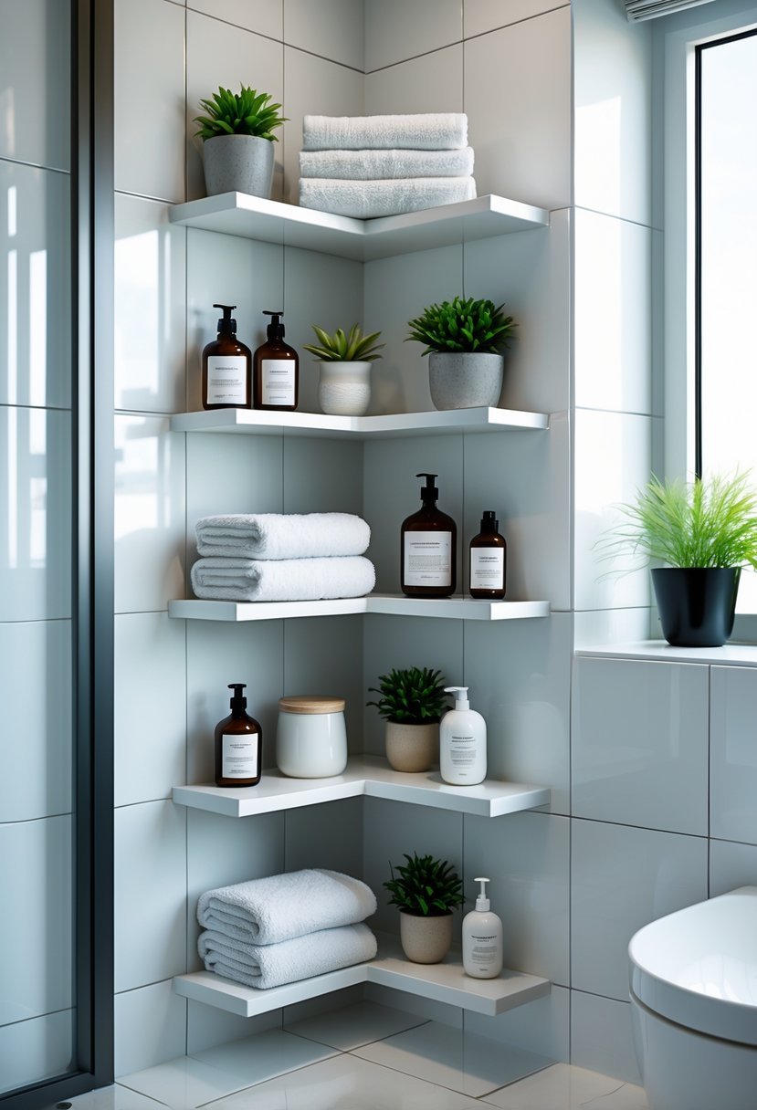 Bathroom corner with shelves holding towels, plants, and toiletries to maximize storage in a small space.