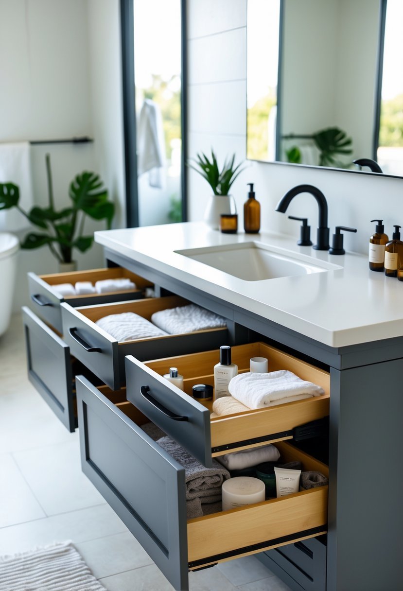 Open pull-out drawers in a bathroom vanity cabinet showing organized storage with towels and toiletries.