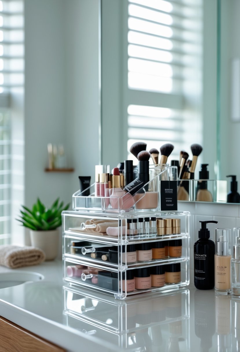 A bathroom vanity with clear acrylic organizers holding makeup and small items on a clean countertop.