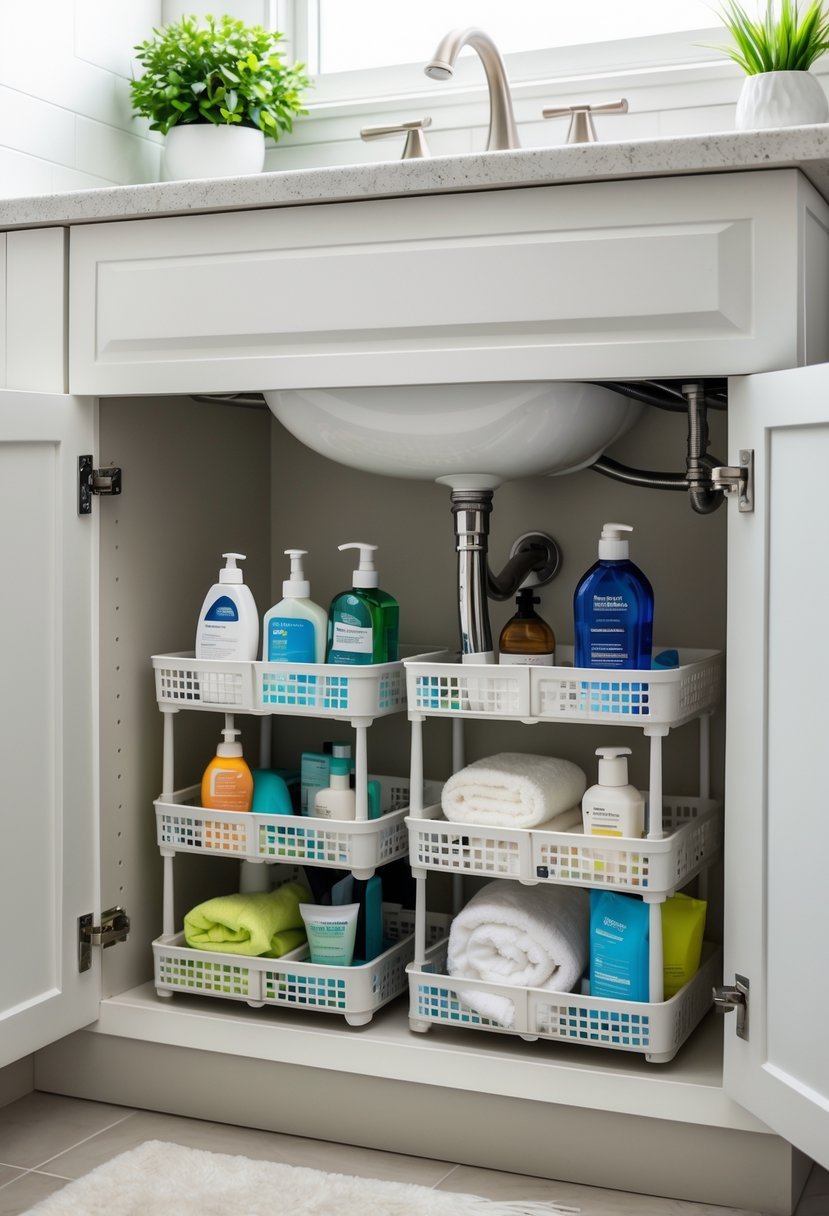 An open bathroom cabinet under the sink with organized adjustable storage caddies holding cleaning supplies and toiletries.