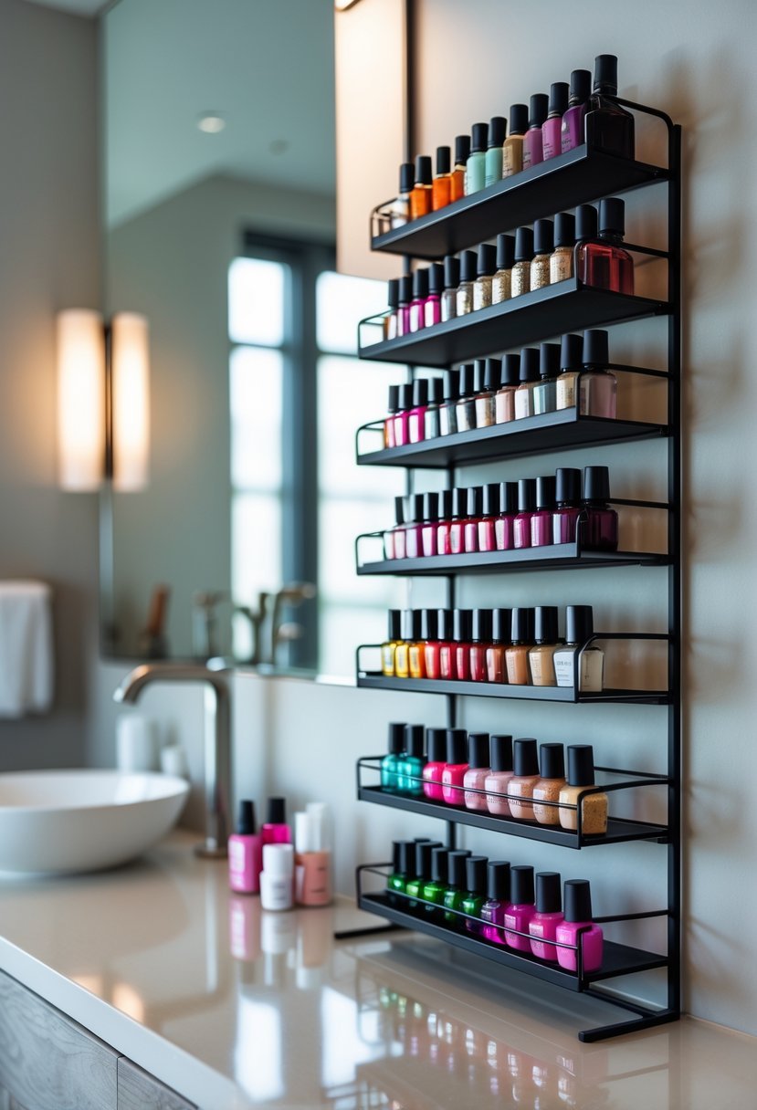 Multi-tiered racks holding nail polish bottles and small cosmetic containers in a bathroom setting.