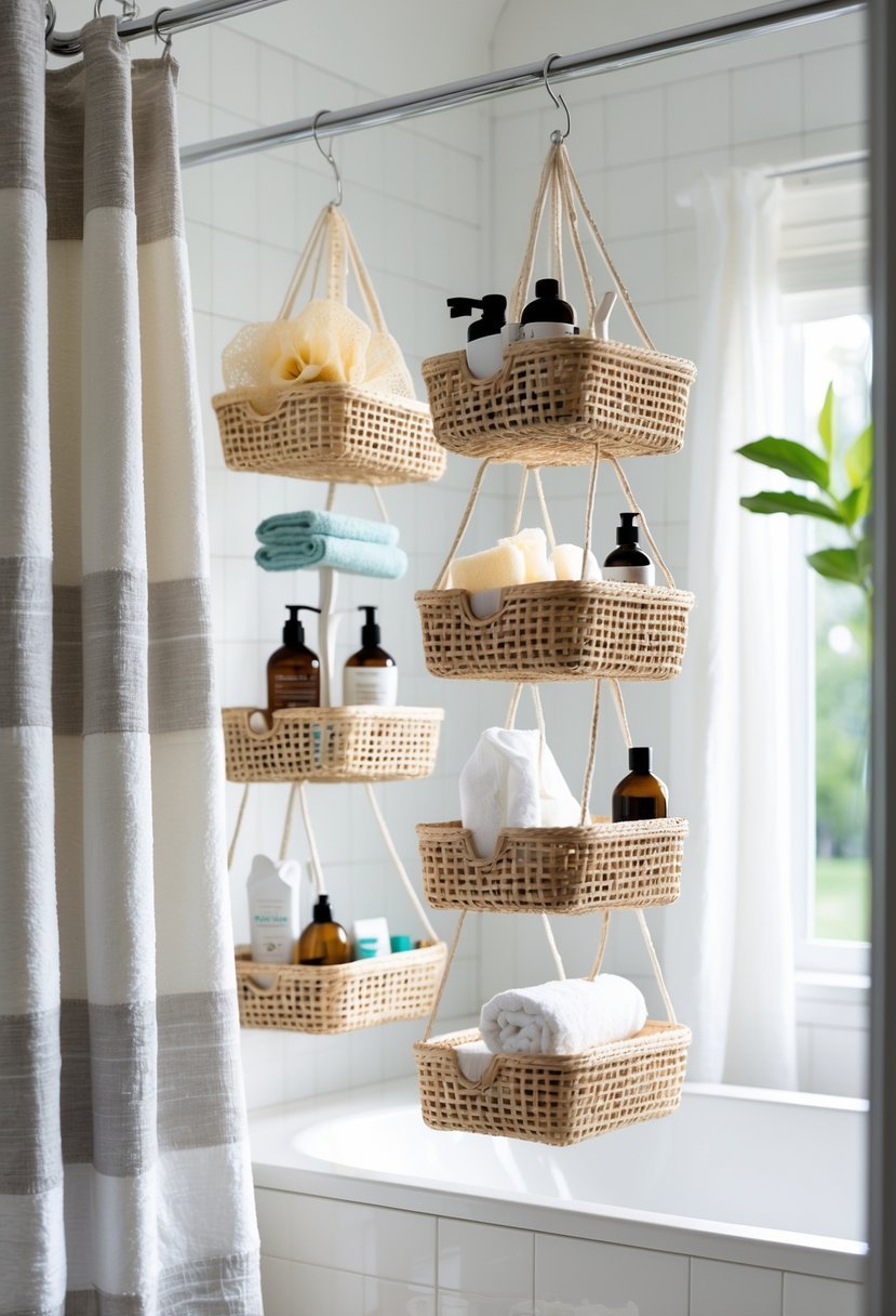 Bathroom with hanging baskets on a shower curtain rod holding toiletries and towels.