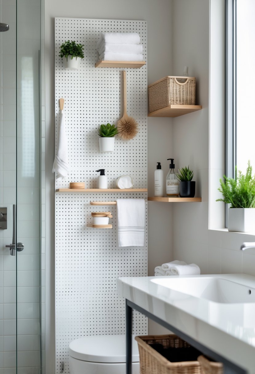 A bright bathroom with a pegboard on the wall holding towels, brushes, plants, and toiletries, next to a sink and wooden shelves with storage baskets.
