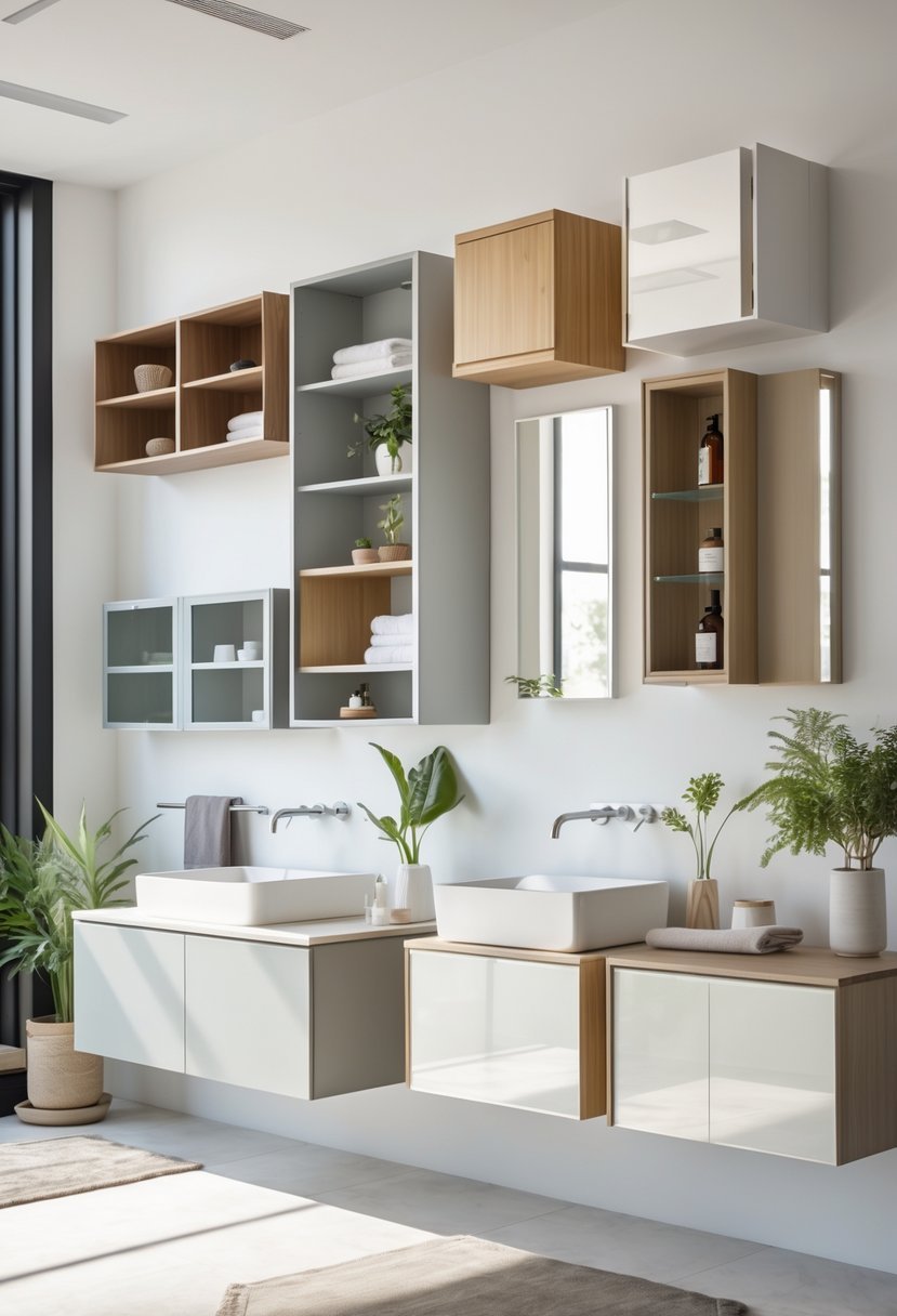 A bathroom interior displaying 15 different wall-mounted cabinets with various designs and finishes.