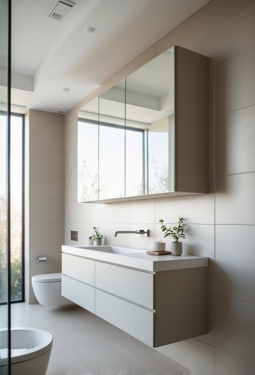 A bathroom interior with floating wall cabinets mounted above a vanity and sink.