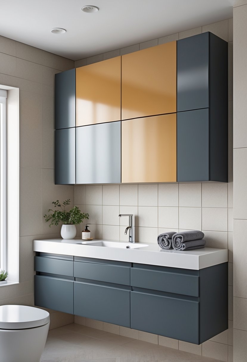 A bathroom interior with two-tone wall cabinets above a vanity, featuring a clean countertop and decorative items.