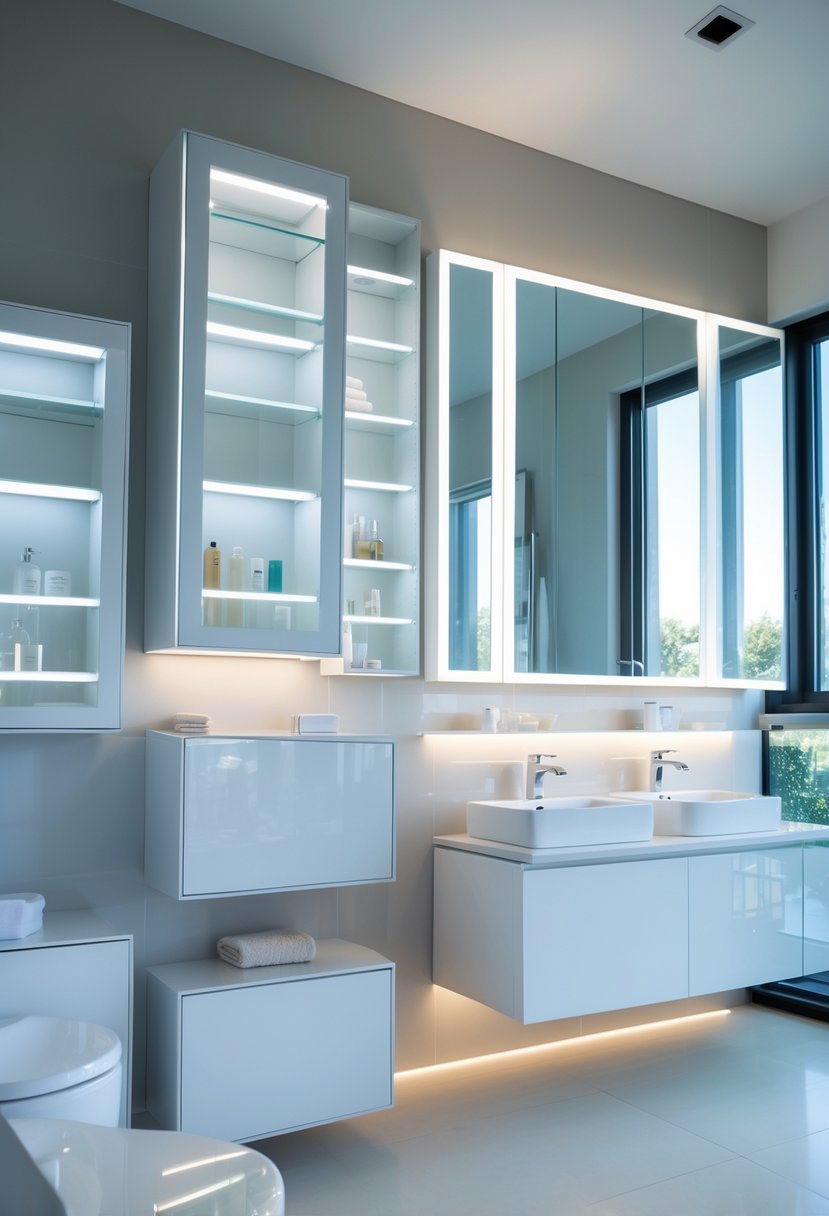 A bathroom with several LED-lit wall cabinets above a vanity, showing organized storage and modern fixtures.