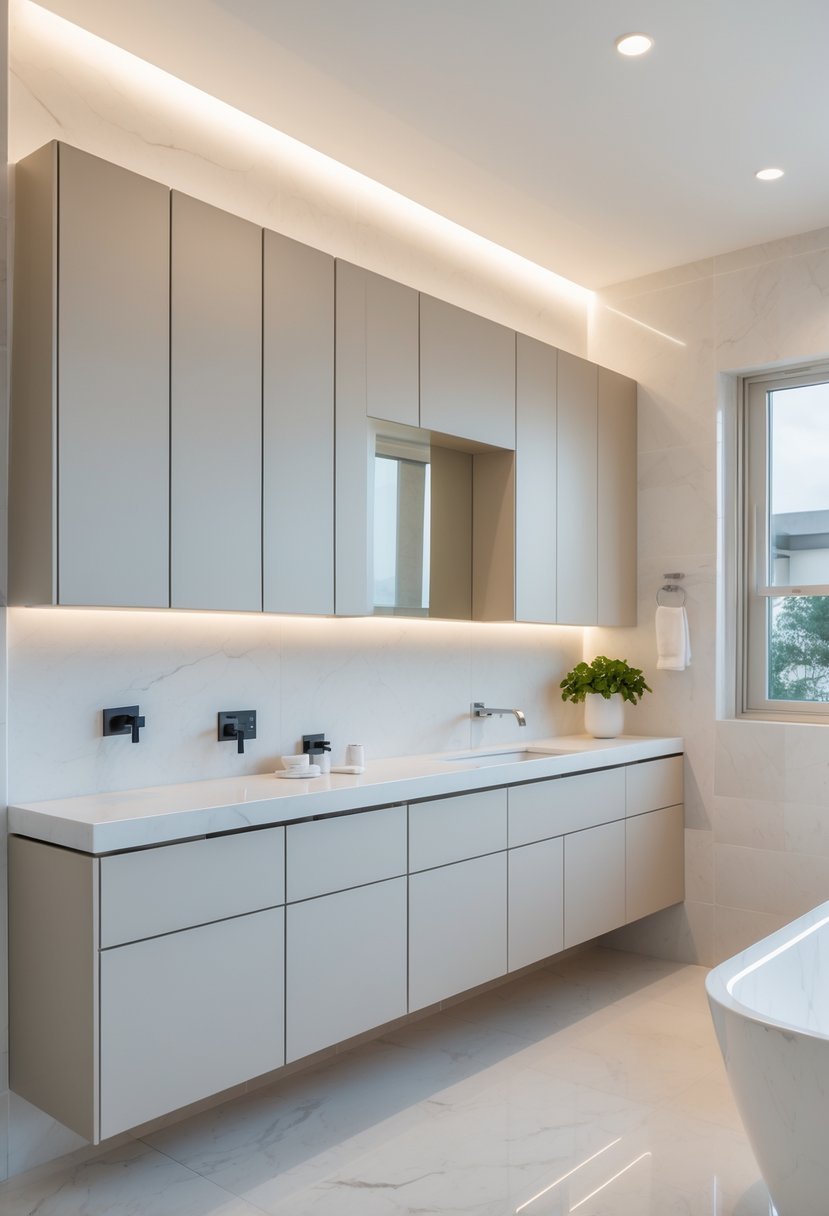 A modern bathroom with hidden wall cabinets that blend into the walls, featuring a clean and organized space with a large mirror and white countertops.