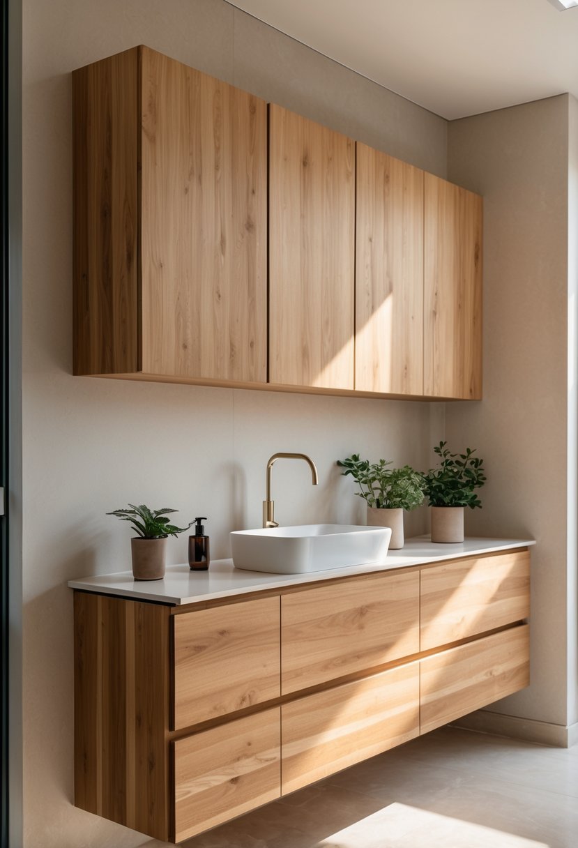 A bathroom with natural wood wall cabinets, a white sink countertop, and small plants creating a warm atmosphere.