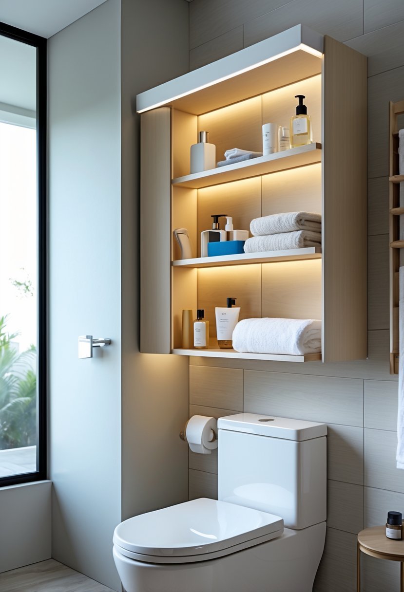 A bathroom with an over-the-toilet wall cabinet holding toiletries and towels above a white toilet.