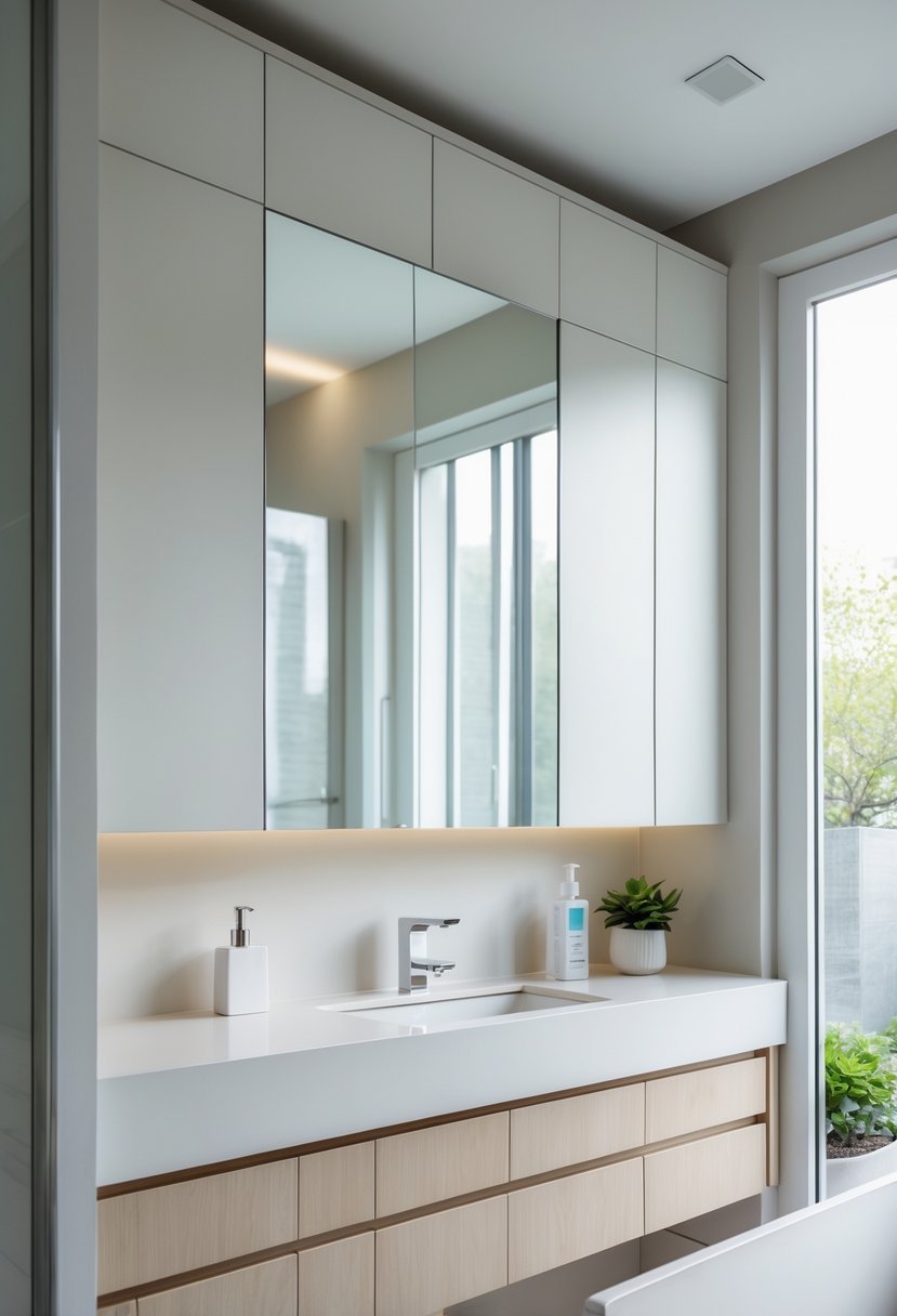 A modern bathroom with built-in wall cabinets integrated into the walls around a mirror and vanity.