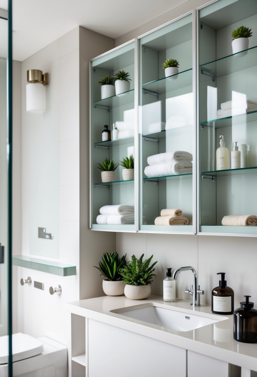 A bathroom with glass-front wall cabinets displaying decor items like plants, towels, and jars.