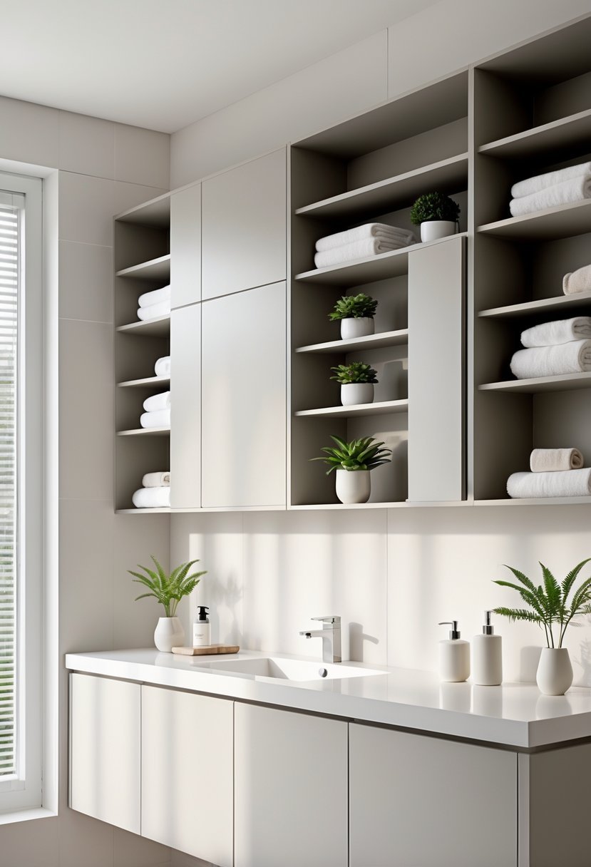 A bathroom wall with a mix of open shelves and closed cabinets above a vanity, displaying towels, plants, and bathroom items.