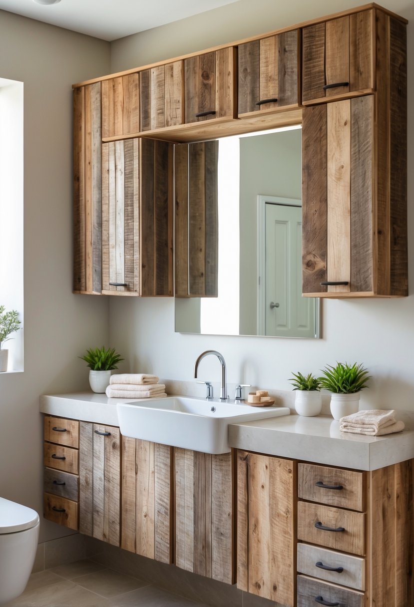 A bathroom wall with multiple wooden cabinets above a sink and mirror, decorated with plants and towels.