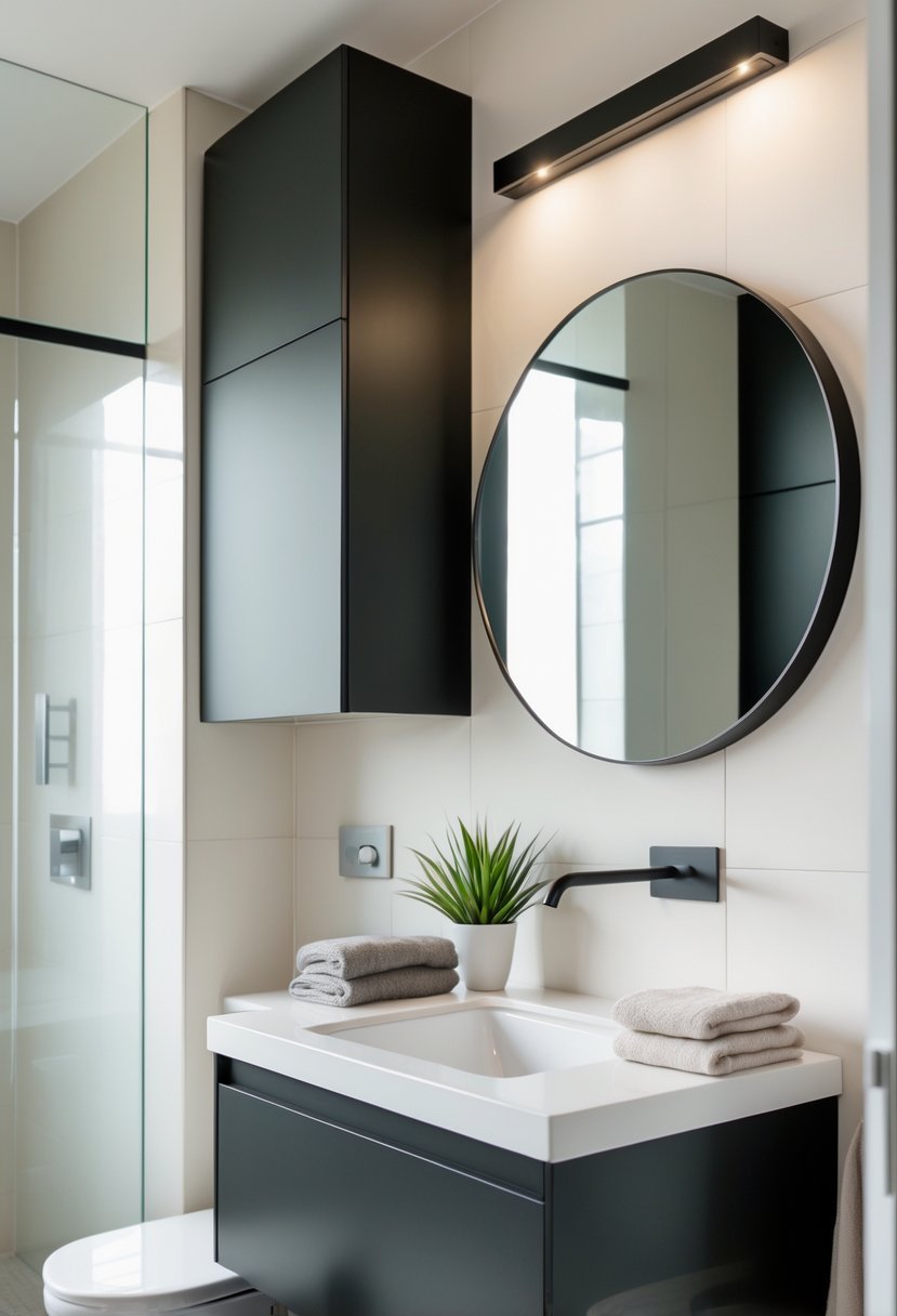 A bathroom with matte black framed wall cabinets above a white vanity and sink, featuring a round mirror and a small potted plant.
