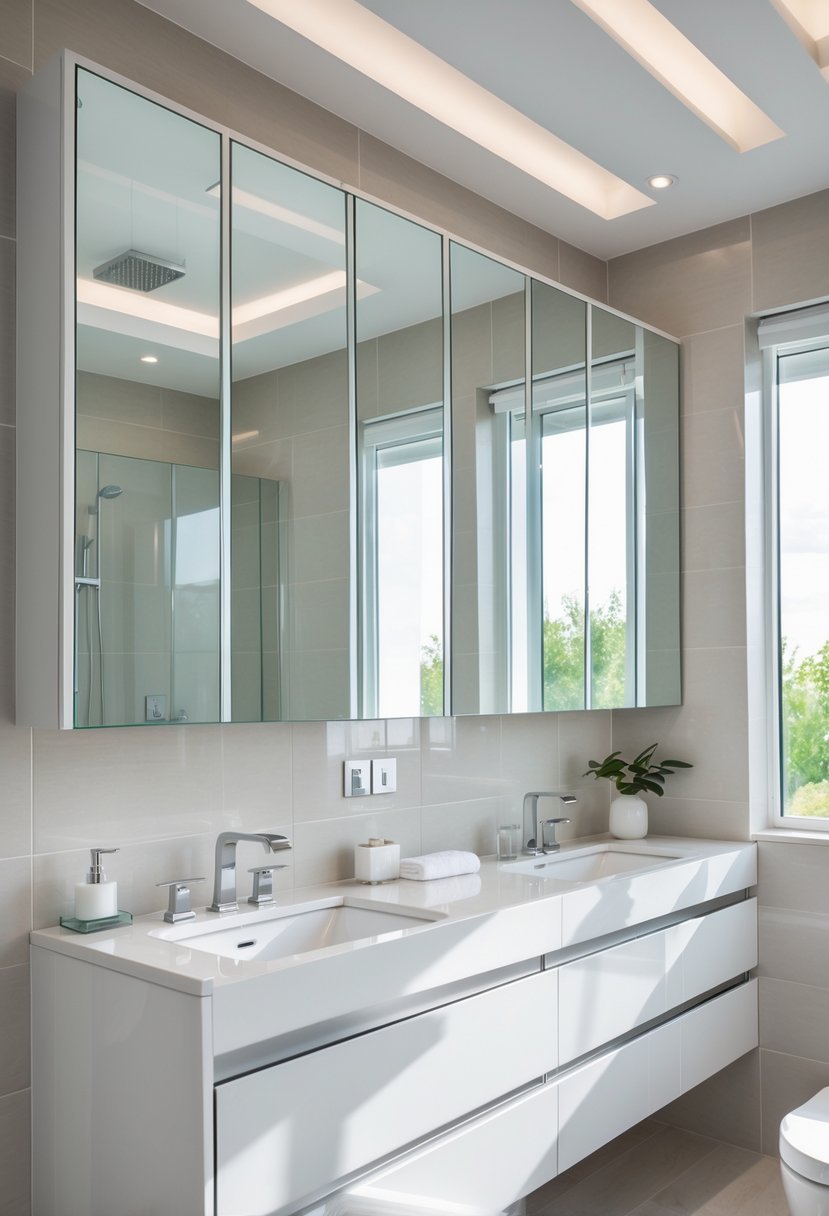 A bathroom wall with 15 wall cabinets featuring mirrored doors above a countertop and sink.