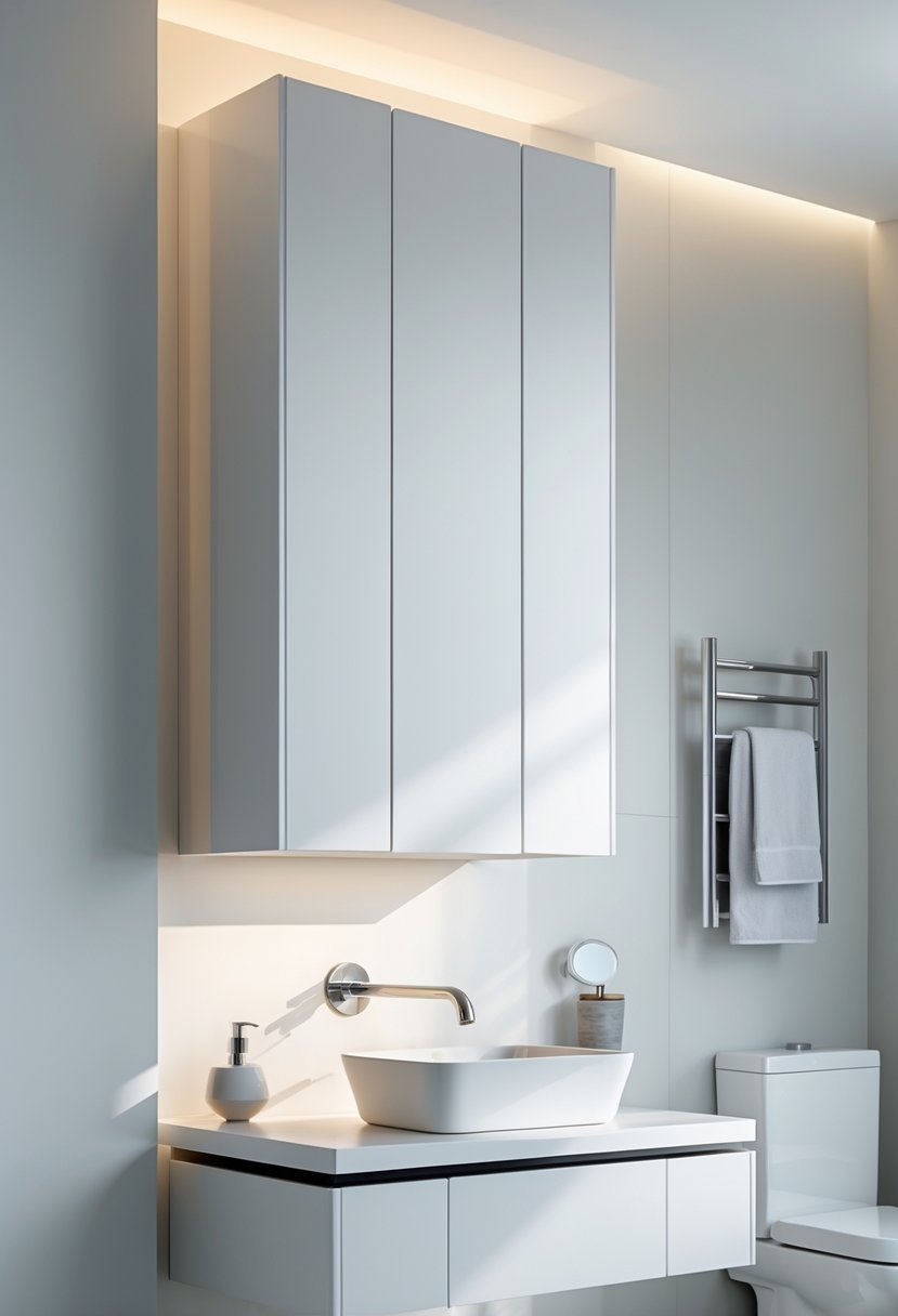 A bathroom with slim vertical wall cabinets mounted above a vanity in a compact space.