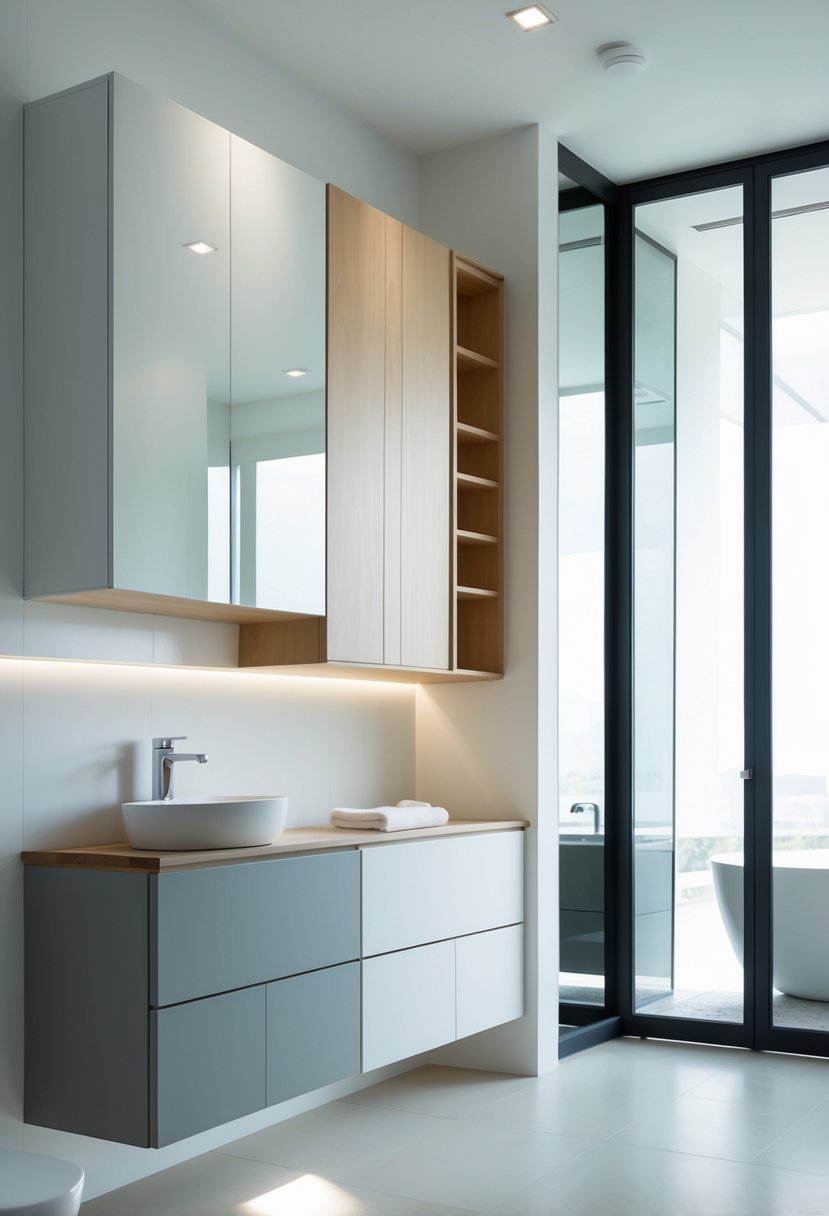 Bathroom interior with several wall-mounted cabinets featuring soft-close doors above a sink and mirror.
