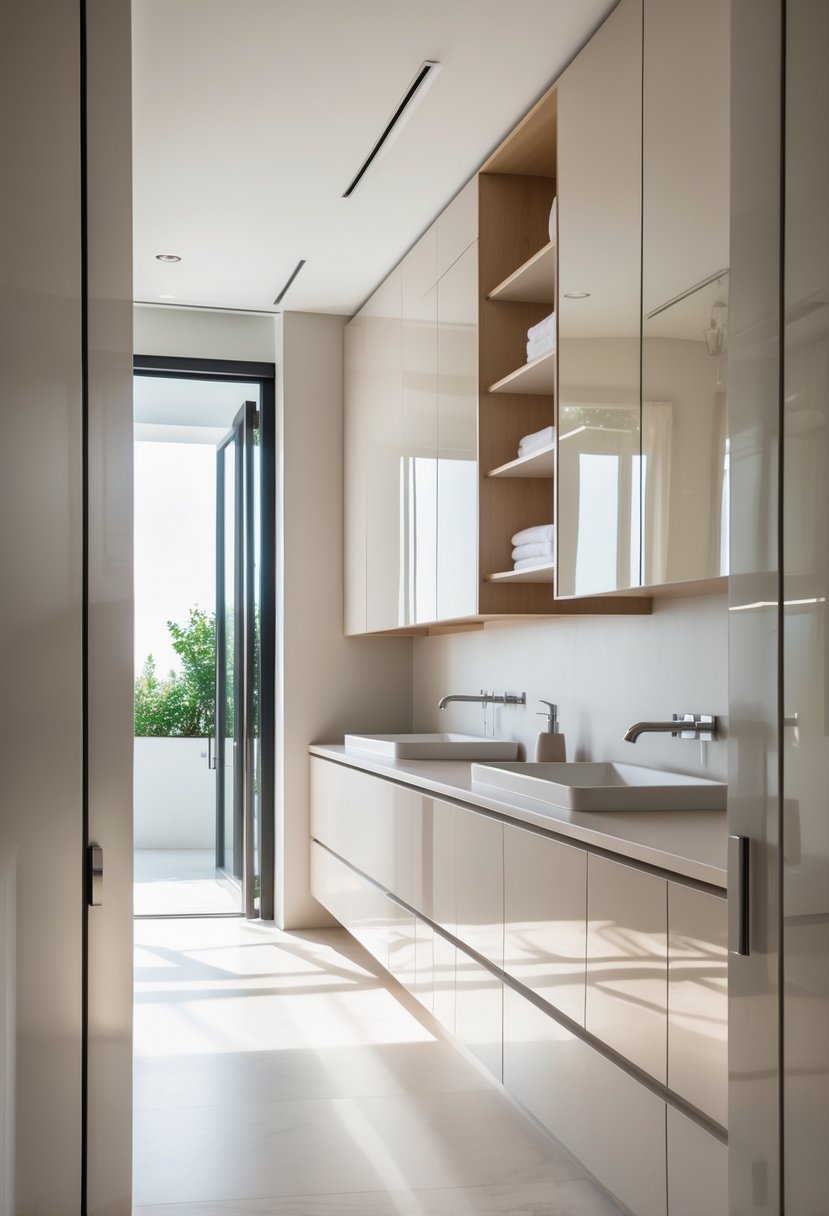 A bathroom with multiple high-gloss wall cabinets mounted on the wall above a sink and countertop.