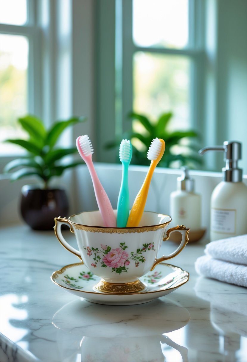 Bathroom counter with a vintage floral teacup holding toothbrushes next to a small plant and bathroom essentials.