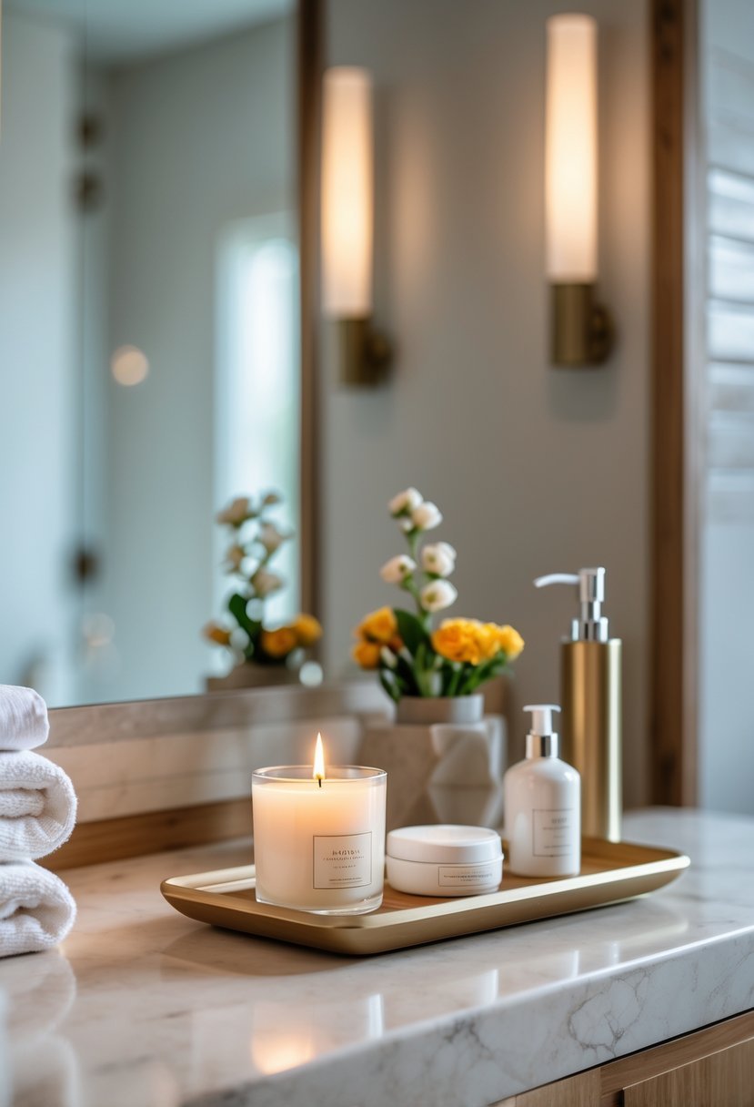 A bathroom counter with a small scented candle, towels, flowers, and skincare products arranged neatly.