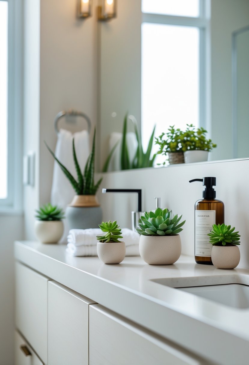A bathroom counter with small potted succulents and plants, soap dispenser, toothbrush holder, and folded towels arranged neatly.