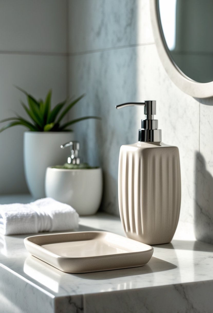 A classic soap dispenser with a matching tray on a bathroom counter next to a small plant and folded towel.