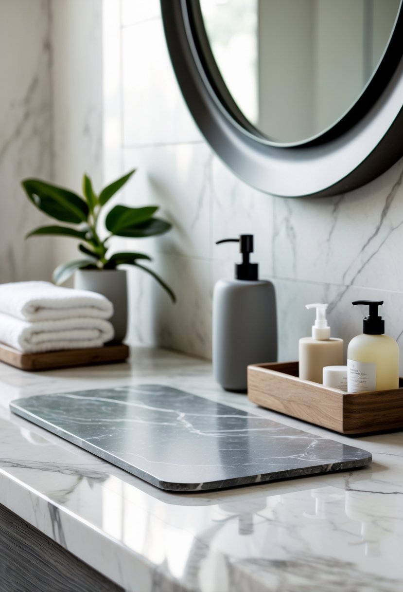A bathroom countertop with a marble or stone mat, soap dispenser, potted plant, and folded towels arranged neatly.