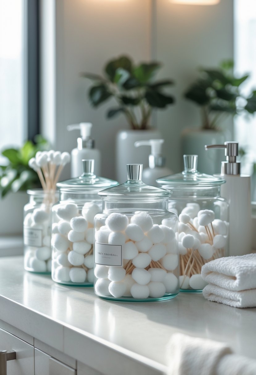Bathroom counter with glass jars containing cotton balls and swabs, alongside a soap dispenser, plant, and towel.