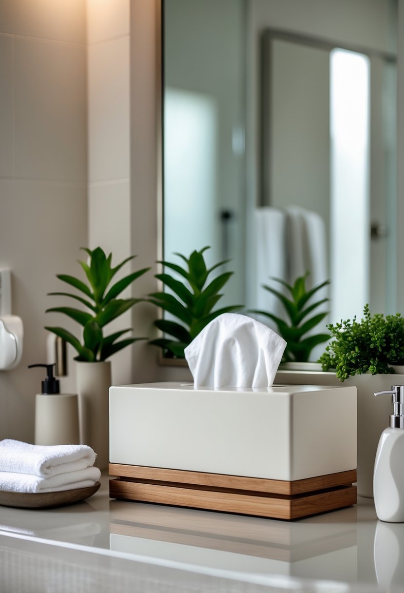 Bathroom counter with a tissue box cover, soap dispenser, potted plant, and folded towels.