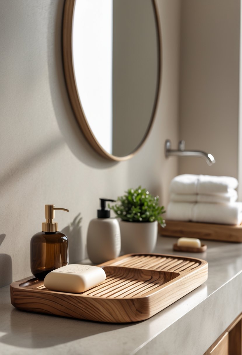 A bathroom counter with wooden soap dish and tray, soap dispenser, potted plant, folded towels, and toothbrush holder arranged neatly.