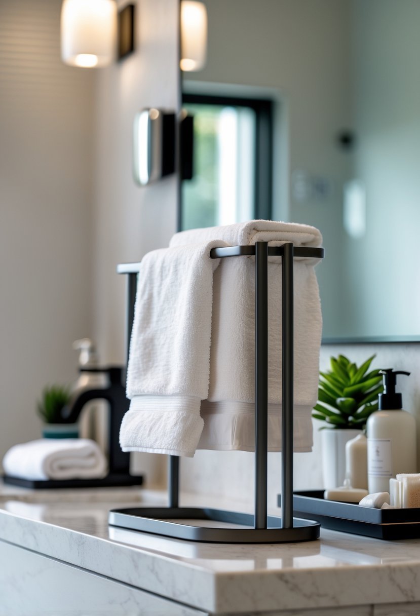 A bathroom counter with a sleek metal stand holding hand towels, a small plant, and a soap dispenser.