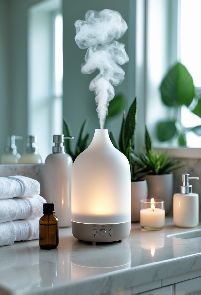 A bathroom counter with a diffuser, essential oils, folded towels, plants, and candles.