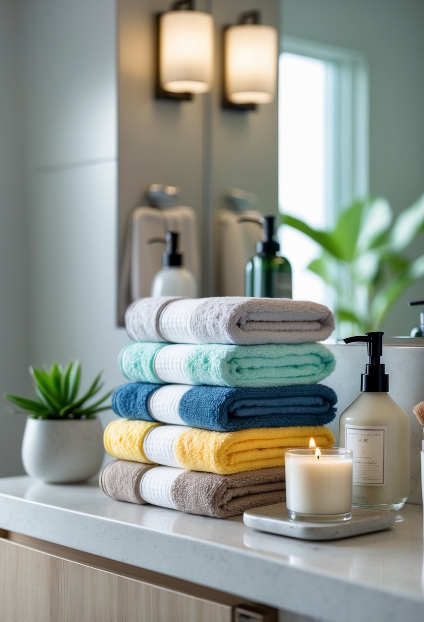 Bathroom counter with stacked decorative hand towels and bathroom accessories.