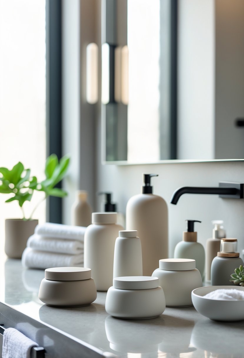 A bathroom counter with minimalistic ceramic skincare containers, a small plant, and a towel arranged neatly.