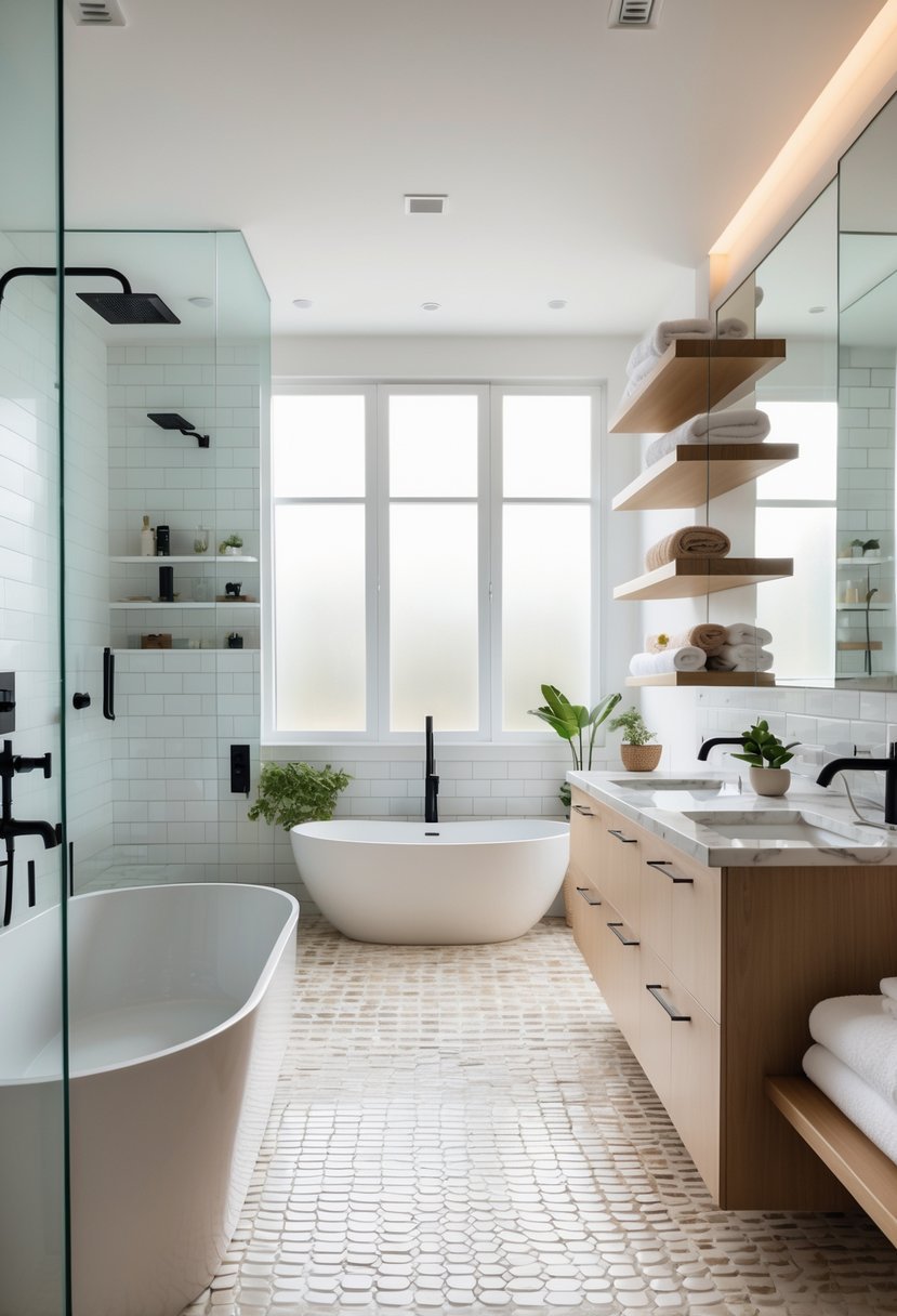 A modern bathroom with a freestanding bathtub, glass shower, double vanity, shelves with towels and plants, and natural light coming through a window.