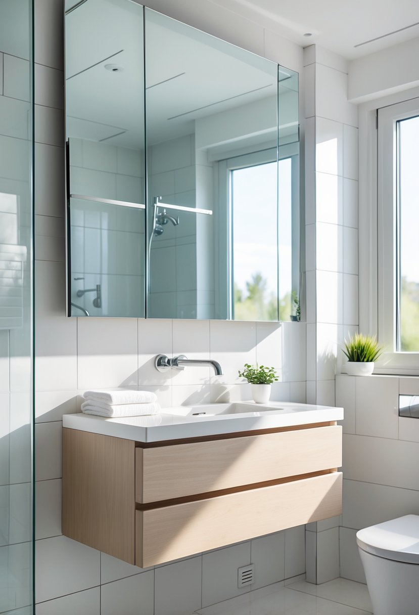 A modern bathroom with a wall-mounted floating vanity, a large mirror, and natural light coming through a window.