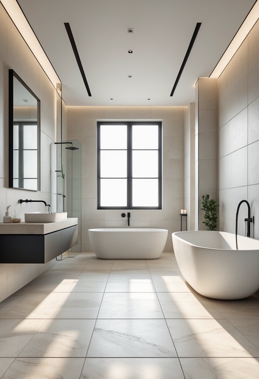 A modern bathroom with a spacious floor covered in large tiles, a freestanding bathtub, and a floating vanity.