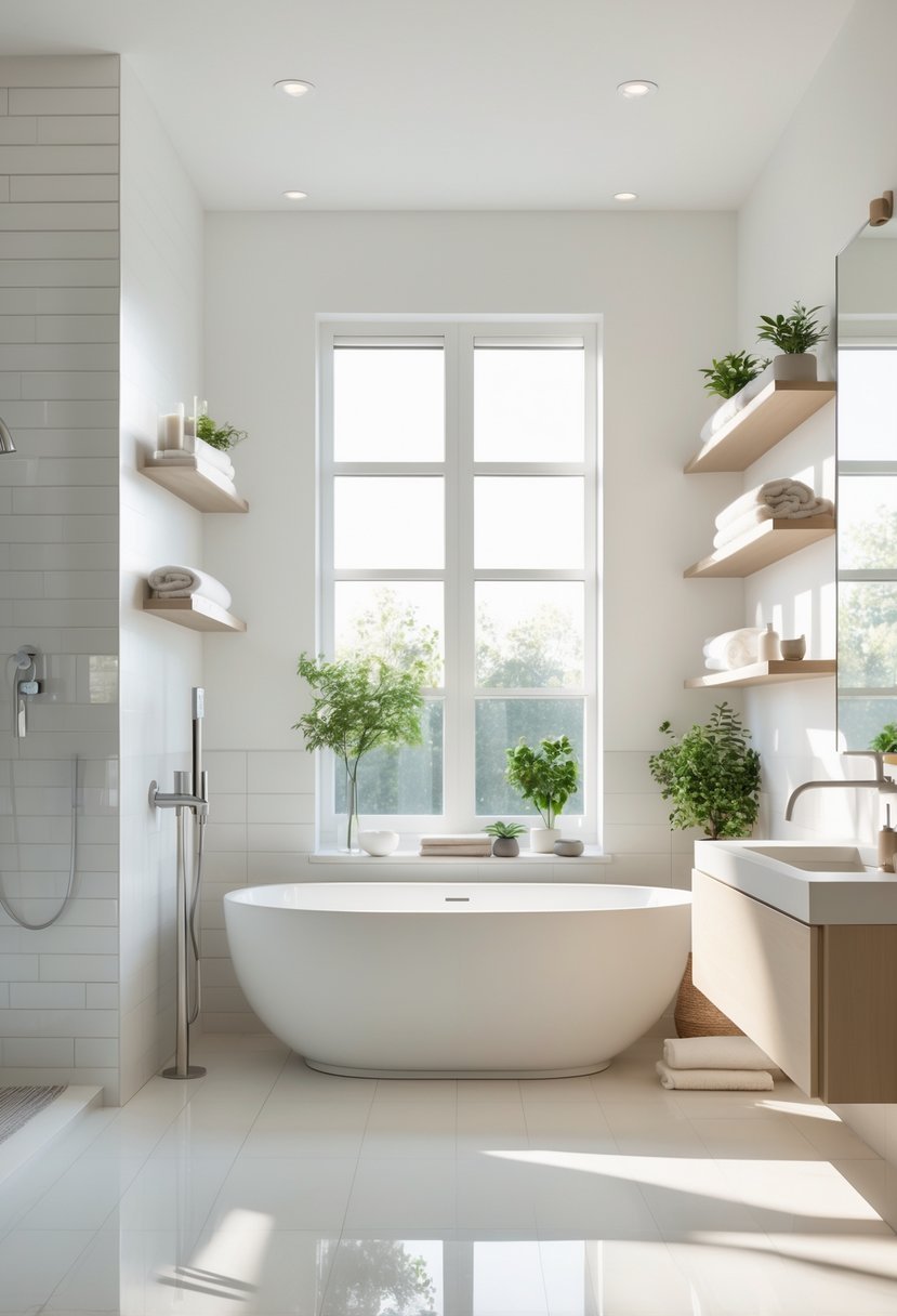 A modern bathroom with a white freestanding soaking tub near a large window, surrounded by elegant fixtures and greenery.