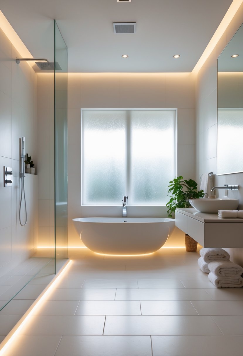 A modern bathroom with a bathtub, walk-in shower, and warm tiled floors illuminated by natural light.