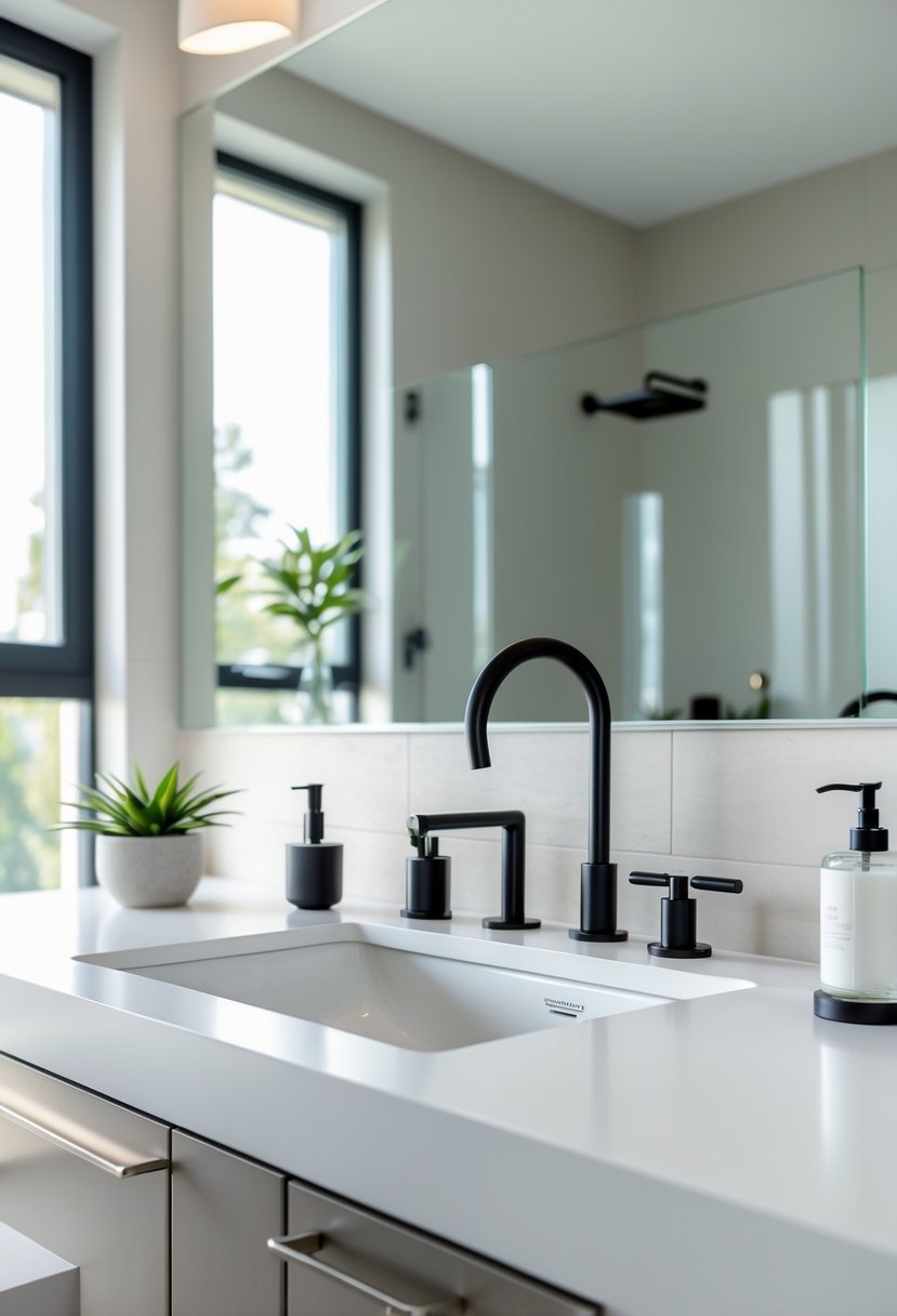 Bathroom sink area with mixed metal faucets and handles, a large mirror, and natural light.