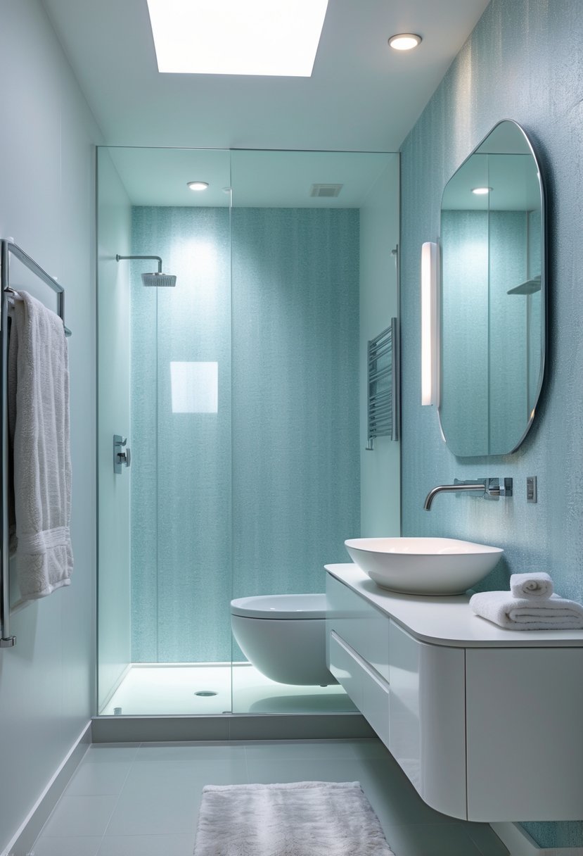 A bright bathroom with patterned wallpaper, a vanity with a sink and mirror, and a glass shower enclosure.